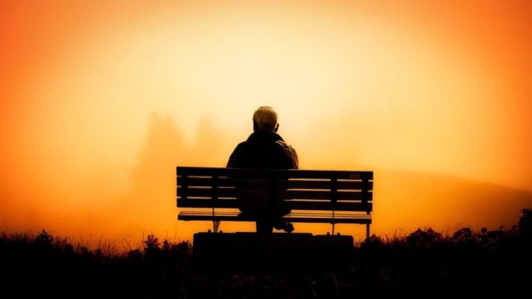 Silhouette of a person sitting on a bench, gazing into a golden dawn sky