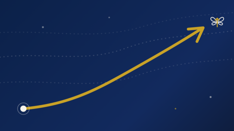 A bold gold path rising toward a butterfly while faded dashed lanes drift sideways, on deep navy