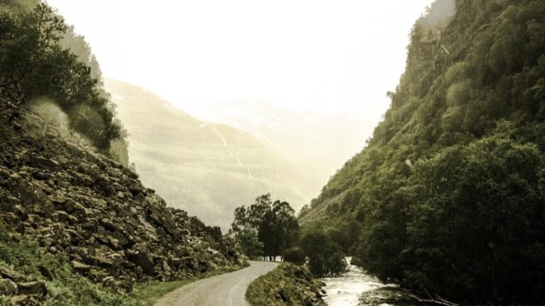 A gravel road winding through a green mountain valley toward bright light